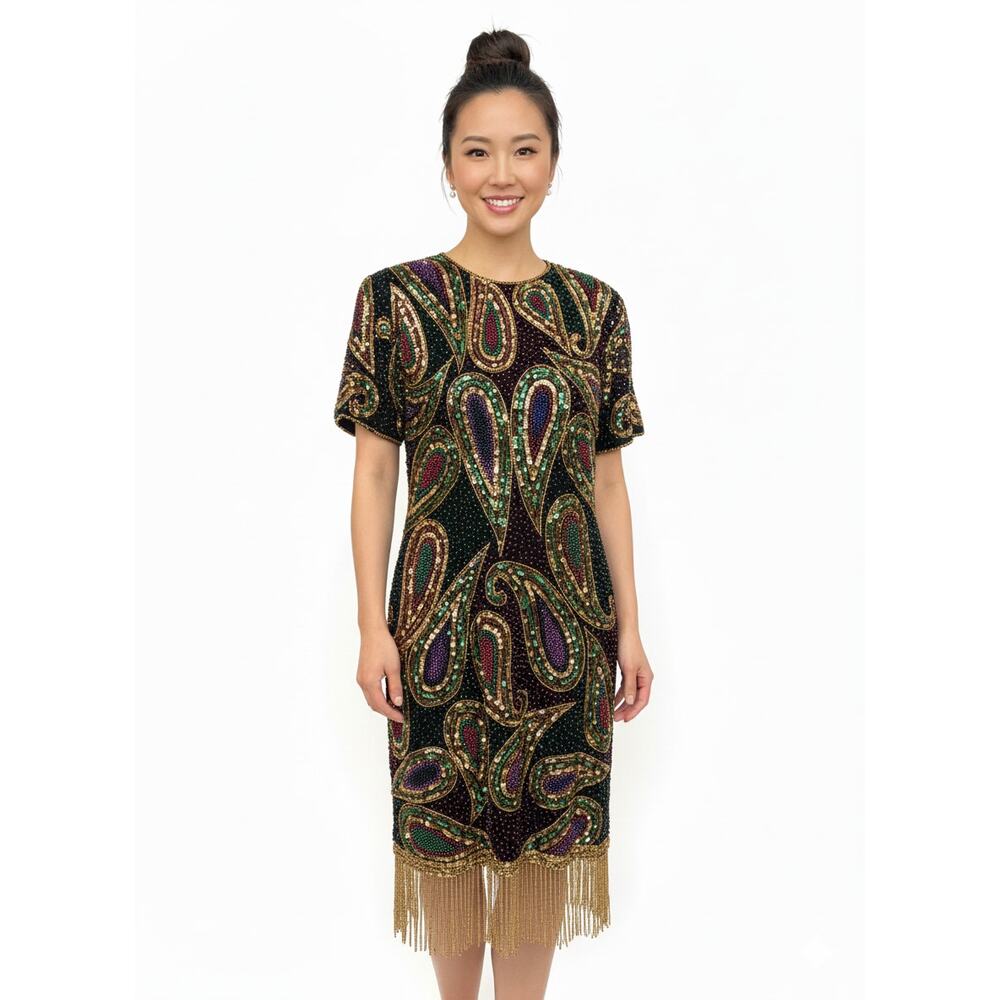 Vintage Laurence Kazar Multicolor Sequin Dress with Beaded Fringe